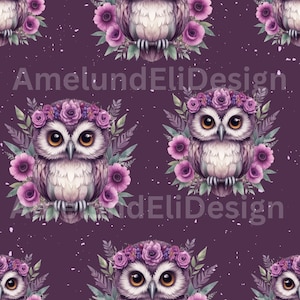 Modello senza cuciture "Boho Owl Violet" modello di carta digitale in tessuto File digitale PNG e jpeg Download digitale Modello per bambini Design istantaneo