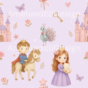 Könnte beinhalten: Eine skurrile Illustration mit einem Prinzen auf einem Pferd, einer Prinzessin mit einer Katze, einem Pfau, Schlössern, Schmetterlingen und floralen Elementen. Das Design befindet sich auf einem hellvioletten Hintergrund mit dem Text "AmelundEliDesign".