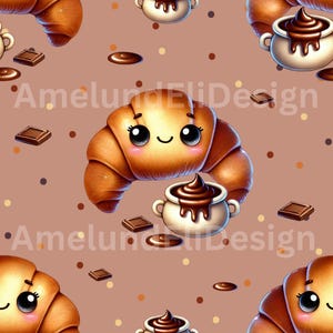 Könnte beinhalten: Ein nahtloses Muster mit einem Cartoon-Croissant mit einem fröhlichen Gesicht, einer Schüssel Schokoladensauce und Schokoladenquadraten auf braunem Hintergrund mit weißen Punkten.