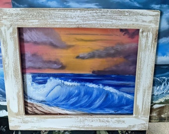 Beautiful beach Sunset wave oil painting on canvas panel 11" x 14"