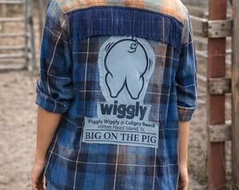 Flannel Shirt, Up-cycled Blue Plaid  Pig Graphic, Fringe Detail, One of a Kind