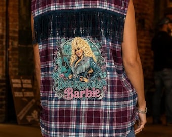 Flannel, Sleeveless, Fringe, Backwoods Barbie, Dolly Parton, Western Shirt, Country Concert Top