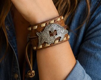 Cuff Bracelet, Up-cycled Leather  Western Belt Bracelet, Rustic Armadillo Jewelry