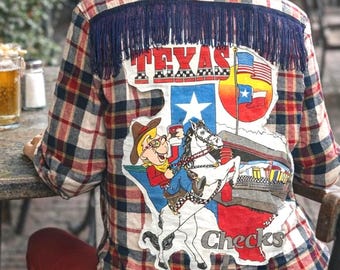 Flannel Shirt, Upcycled Western Graphic, Retro Cowboy Style, One of a Kind Texas Checks