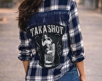 Upcycled Graphic Flannel Shirt, Statement Plaid Top, Fringe Detail, Women's Medium