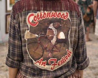 Upcycled Brown Plaid Flannel Shirt with Graphic Back and Fringe Detail