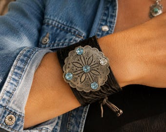 Cuff Bracelet, Black Leather , up-cycled Concho Western Belt Cuff