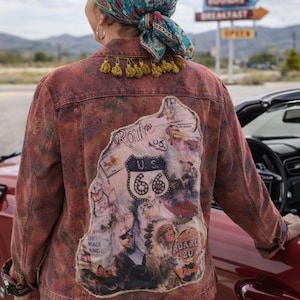 Up-Cycled Denim Jacket, Route 66 Patchwork, Boho Statement Outerwear, Large
