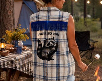 Flannel Sleeveless Shirt,  Plaid Top, Raccoon,  Camping,  Fringe, Size XL