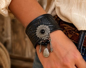 Cuff Bracelet, Up-cycled Black Leather Western Belt, Silver Charm, Statement Jewelry