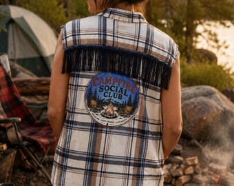Flannel Sleeveless Shirt,  Up-cycled, Fringe Plaid Shirt, Camping Graphic, outdoor wear
