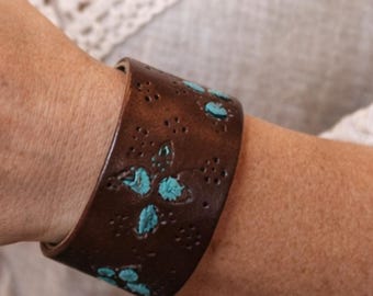 Cuff Bracelet, Up-cycled Floral Stamped Faux Leather Belt, Boho Western Woven Detail