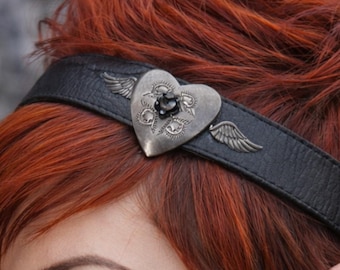 Headband, Upcycled Leather, Heart Conchos, Western Boho