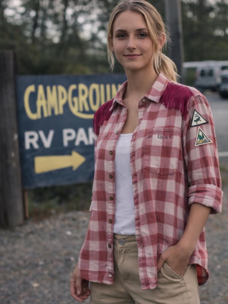 This is an AI image showing what the flannel shirt could look like paired with a cute skirt. (Some details of the flannel shirt may not match exactly as the actual flannel shirt. This picture is for reference only).