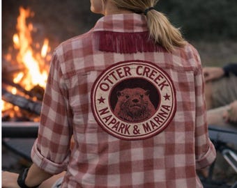 Flannel Shirt, Up-cycled , Fringe ,Otter Creek RV Patch, Oversized Plaid Adventure Wear