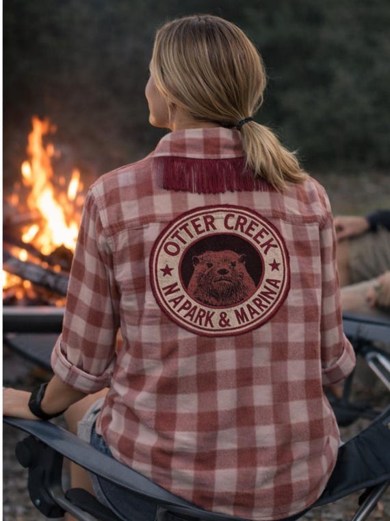 Flannel Shirt, Up-cycled , Fringe ,Otter Creek RV Patch, Oversized Plaid Adventure Wear