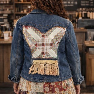 Up-Cycled Denim Jacket, Quilt Patch Applique, Boho Fringe Statement Jacket