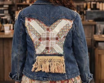 Denim Jacket, Up-Cycled, Quilt Patch Appliqué , Boho Fringe Statement Jacket