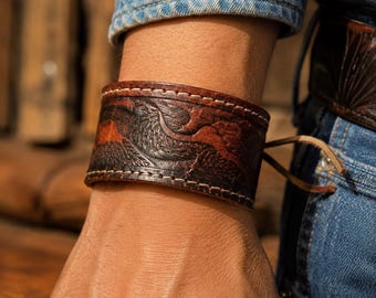 Cuff Bracelet, Brown Tooled Leather, Up-cycled Western Belt , Rustic Handmade Cuff
