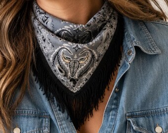 Western Fringe Bandana with Sewn-On Patch, Cowgirl Scarf
