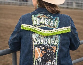 Denim Jacket, Up-Cycled, Rodeo Cowgirl Fringe, Boho Western Statement Piece