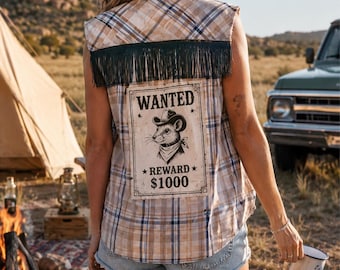 Flannel Sleeveless Fringe Shirt, Wanted Possum Graphic, Western Plaid Cowgirl Top, Size M