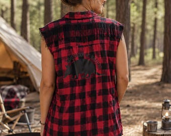 Flannel Sleeveless Fringe  Shirt, Red Buffalo Plaid, Western Cowgirl Top, Size Large