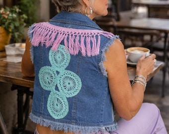 Denim Up-cycled Vest, Boho Fringe, Festival Outfit, Hand-Dyed Doily Back, Kind Clothing