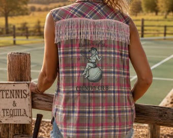 Fringe Sleeveless Flannel Shirt, Country Club, Plaid, Sports Top, Golf ,Pickleball ,Tennis