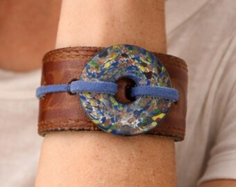 Cuff Bracelet, Upcycled Leather Belt, Multi-Color Glass Pendant, Boho Adjustable Tie