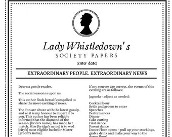 Plantilla de boletín informativo Editabe Bridgerton, documento de Lady Whistledown Society, invitación en blanco, invitación de despedida de soltera, descarga instantánea (5x7 pulgadas)