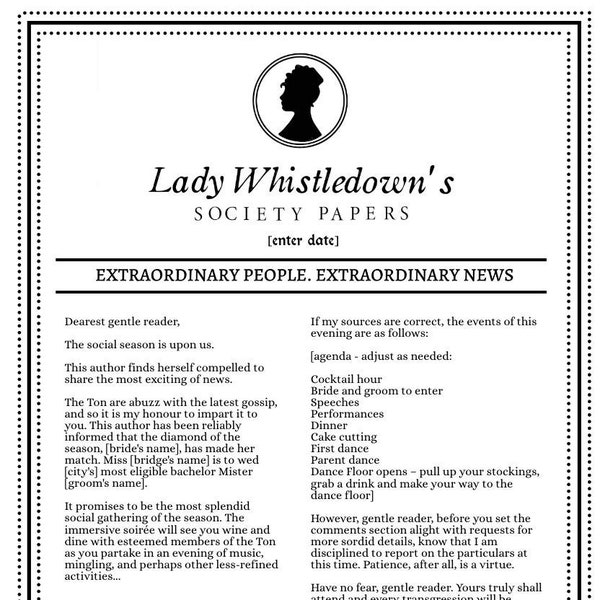 Modèle de newsletter Editabe Bridgerton, papier Lady Whistledown Society, faire-part vierge, faire-part de douche nuptiale, téléchargement immédiat (5 x 7 pouces)