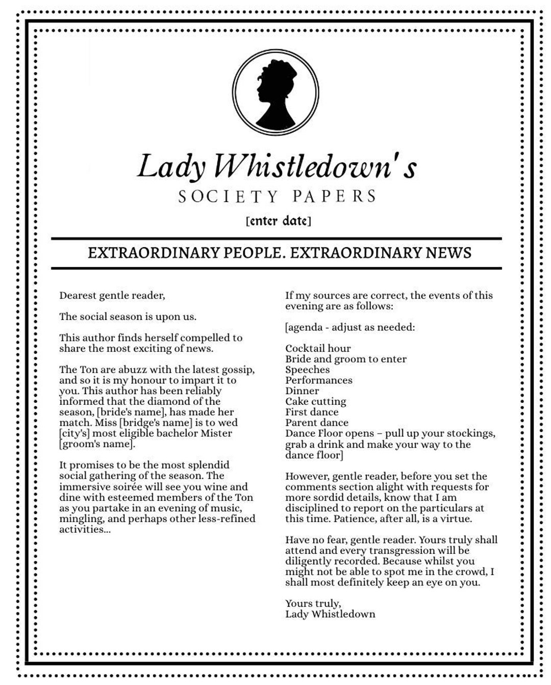 Editabe Bridgerton Newsletter Template, Lady Whistledown Society Paper Editabe Bridgerton Newsletter Template, Lady Whistledown Society Paper