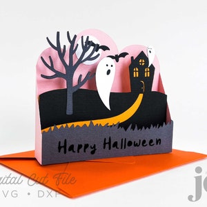 Plantilla de corte digital de archivo de corte SVG de tarjeta emergente de fantasmas de Halloween 3D