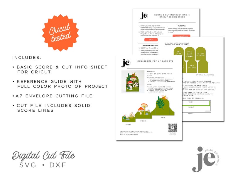 May include: Digital cut file for a mushroom pop-up card. The file includes a basic score and cut info sheet, a reference guide with a full-color photo of the project, an A7 envelope cutting file, and a cut file that includes solid score lines. The file is compatible with Cricut.