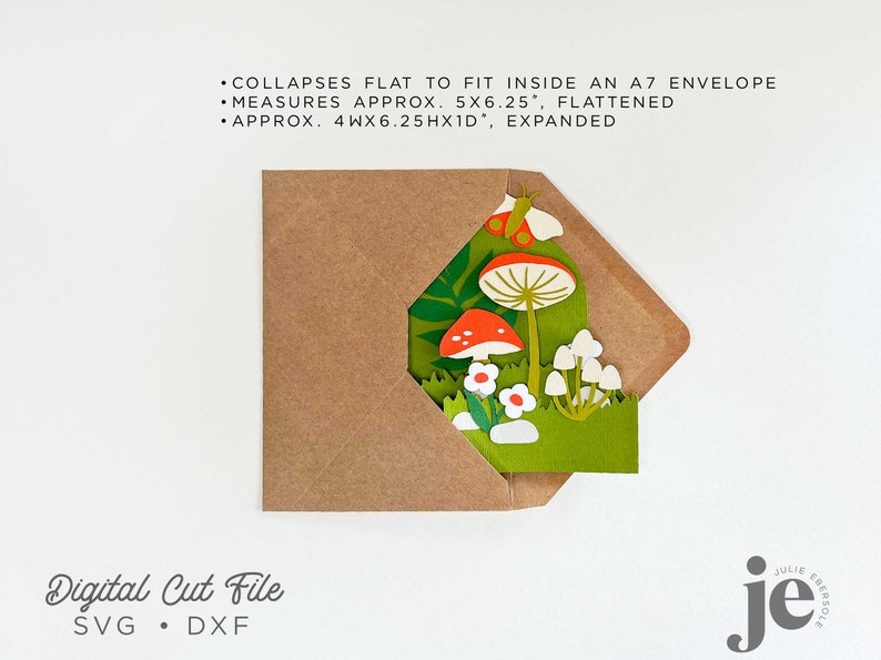 May include: A digital cut file for a pop-up card featuring a mushroom and butterfly design. The card is shown folded inside a brown envelope. The text on the image reads "COLLAPSES FLAT TO FIT INSIDE AN A7 ENVELOPE, MEASURES APPROX. 5X6.25", FLATTENED, APPROX. 4WX6.25HX1D, EXPANDED, Digital Cut File, SVG, DXF, je".