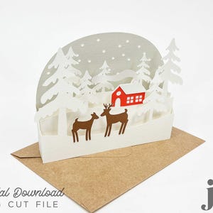 Tarjeta desplegable de cabaña navideña en el bosque, plantilla de corte digital / archivo de corte SVG de tarjeta de caja 3D para Cricut, Silhouette, Brother Scan N Cut