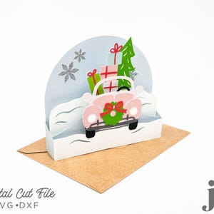 Cartão pop-up de automóvel/carro de Natal, arquivo de corte SVG de cartão de caixa 3D | Modelo de corte digital para Cricut, Silhouette, Brother Scan N Cut