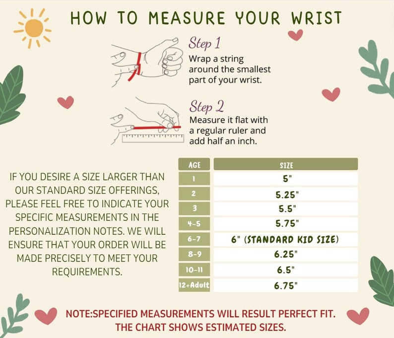 Pode incluir: Um gr&aacute;fico com instru&ccedil;&otilde;es sobre como medir seu pulso para um bracelete. O gr&aacute;fico mostra diferentes tamanhos de pulso em polegadas para diferentes idades, de 1 a 12+ Adulto. O gr&aacute;fico tamb&eacute;m inclui uma nota que indica que as medidas especificadas resultar&atilde;o em um ajuste perfeito, mas o gr&aacute;fico mostra tamanhos estimados.