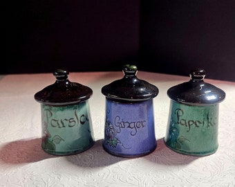 Adorable Little Handcrafted Painted Lidded Earthenware Spice Jars by The Guernsey Pottery