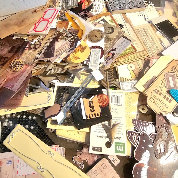 Paper Craft Ephemera HUGE Lot of Tim Holtz, Random Stickers, Die Cuts, Fabrics, Frames, and More. Huge Variety and a lot of Pieces!