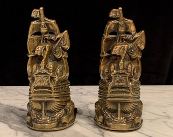 Vintage | Cast Metal | Brass Plated | Clipper Ship | Crusader Ship | Sails | Nautical | Maritime | Bookends | Home Decor | Living Room Decor