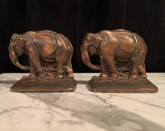 Antique | Cast Iron / Bronze | Copper Plated | Elephant | Art Statues | Bookends
