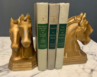 Vintage | Art Deco | Cast Pot Metal | Gold | Twin Bust | Trojan Horse | Equestrian | Bookends | Bookshelf Styling | Traditional Home Decor