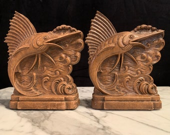 Vintage | Retro | Molded Wood-Pulp | Carved | Nautical | Marine | Fishing |  Sailfish/Swordfish/Marlin | Ocean | Sea | Saltwater | Bookends