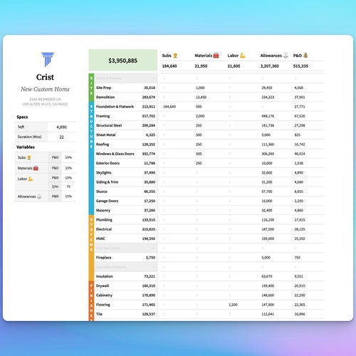 Contractor Bidding Spreadsheet Contractor Estimating Etsy
