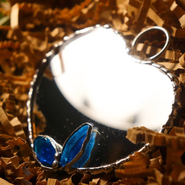 Stained glass Heart Shaped Mirror with a Blue Butterfly