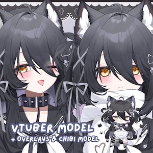 以下が含まれることがあります： 黒い髪、猫耳、チョーカーのVTuberモデルのイラスト。画像にはちびモデルとテキスト「VTUBER MODEL + OVERLAYS & CHIBI MODEL」が含まれています。キャラクターは大きな金色の目とバラ色の頬をしています。