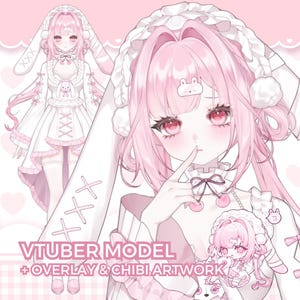 Puede incluir: Ilustración digital de un personaje de estilo anime con cabello rosado en un atuendo con temática de conejito. El personaje tiene ojos rojos y usa un vestido blanco con detalles en rosa. Incluye el texto "VTUBER MODEL + OVERLAY & CHIBI ARTWORK".