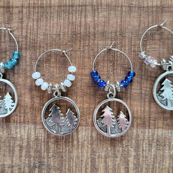 Wine Charms, Set of 4 Silver Pine Trees with Beads